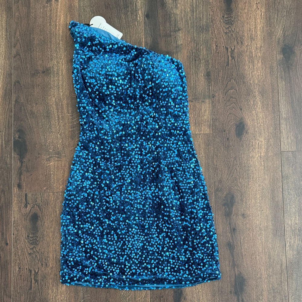 Blue Sequin One-Shoulder Dress